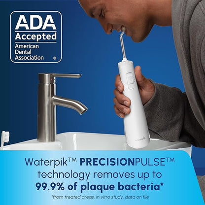 Waterpik Cordless Pulse Rechargeable Portable Water Flosser for Teeth, Gums, Braces Care and Travel with 2 Flossing Tips, Waterproof for Shower, ADA Accepted, WF-20 White, Packaging and Tips May Vary