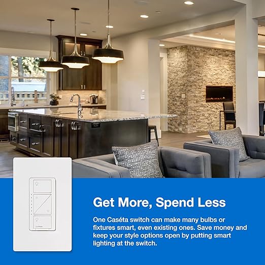 Lutron Caseta Original Smart Dimmer Switch Kit w/ Hub, with Pico Remote, Wallmount Bracket, & Smart Hub, Works with Alexa, Apple Home, Google Home, 3 Way, 150W, No Neutral Req, P-BDG-PKG1W-A