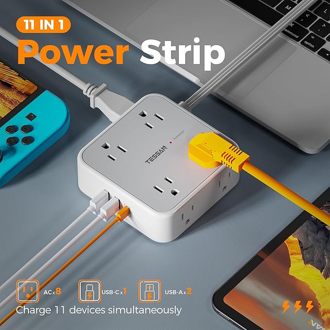 TESSAN Surge Protector Power Strip Flat Plug, Long Extension Cord 10 FT with 8 Outlets, 3 USB Ports(1 USB C), 3-Sided Outlet Extender, 900 Joules Protection, Desk Charging Station for Home, Office