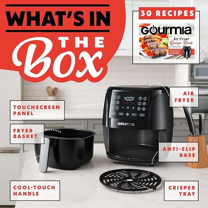 Gourmia Air Fryer - 6 Qt Large Capacity, FryForce 360º, Digital Display with 12 Presets, Roast, Bake, Broil, Dehydrate, Dishwasher Safe Accessories, Black