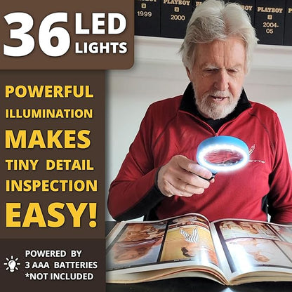Vision Aid 30x Hands-Free Magnifier with Ultra Bright 36 LED Lights and Case - 40x Loupe Magnifying Glass with Stand for Reading Jewelry Coins Watch Hobby Crafts Close Work