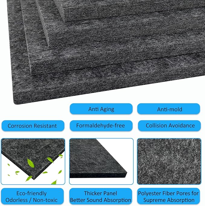 BXI Thickened Sound Absorbing Panels - 12 Pack 12 X 12 X 0.5 Inches Dense Acoustic Panels, Echo Noise Reducing Sound Panels, Tackable Studio Panels for Wall and Ceiling Acoustic Treatment
