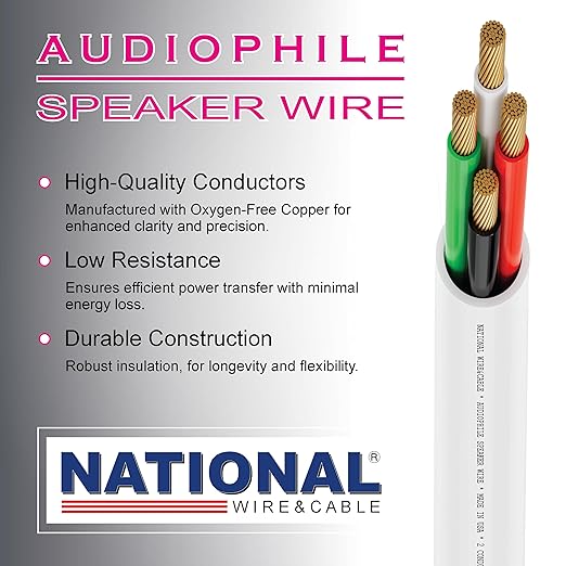 NATIONAL Wire&Cable - 14/4 Audiophile Speaker Wire (50 Feet) 14AWG Gauge - Made in USA - in Wall Audio Speaker Wire Cable/CL Rated/ETL Listed / 2 Conductors - OFC Oxygen-Free Copper, White 50ft