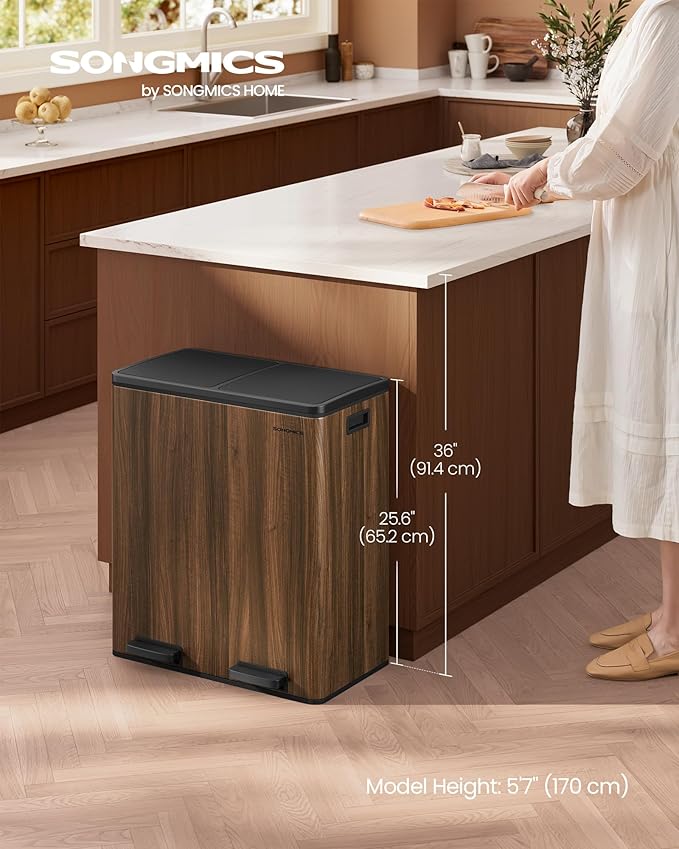 SONGMICS Trash Can, 2 x 8-Gallon Garbage Can for Kitchen, with 15 Trash Bags, 2 Compartments, Plastic Inner Buckets and Hinged Lids, Airtight, Dark Walnut ULTB060N02V1