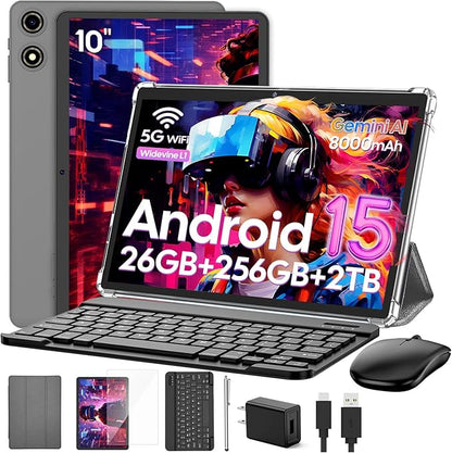 VisuPad 2026 Android 15 Tablet with Keyboard, 26GB+256GB+2TB Expand, 10 Inch 2 in 1 Tablet with Gemini AI, 8000mAh, 2.4G/5G WiFi, BT5.0, Widevine L1, Tablets Pc with Case, Mouse, Stylus (Silver Case)