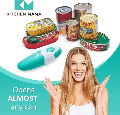 Kitchen Mama Auto Electric Can Opener: Open Your Cans with A Simple Press of Button - Automatic, Hands Free, Smooth Edge, Food-Safe, Battery Operated, YES YOU CAN (Teal)