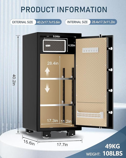 TIGERKING 5.9 Cu.ft Large Heavy Duty Safe Box, Big Home Security with Double Safety Key Lock, Adjustable Shelves, Anti-Theft Alarm System, Removable Wheels, Ideal for Home Office, Black