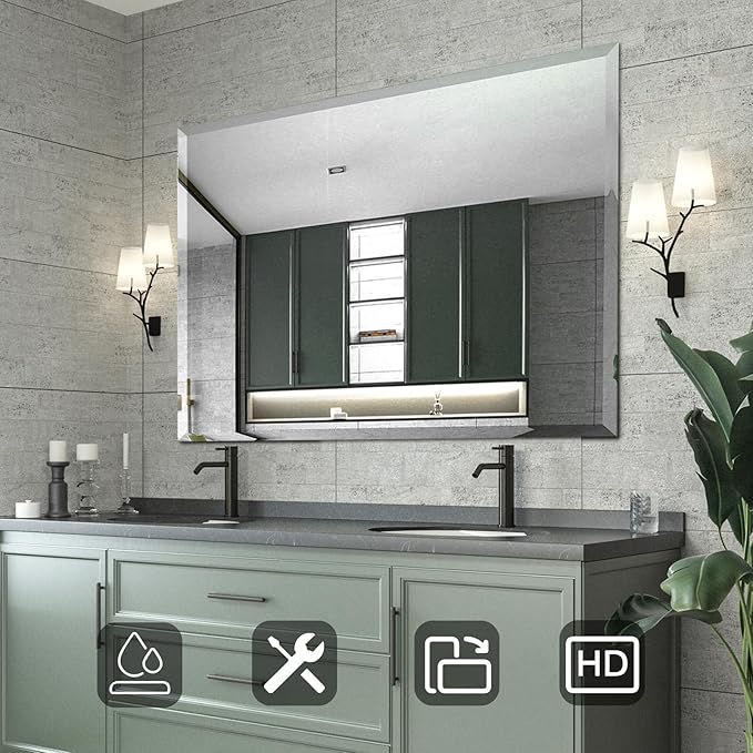Mirrorons Beveled Mirror, Bathroom Mirrors for Wall 48" x 30", Frameless Rectangle Bathroom Mirror with Beveled Edge, Hangs Horizontally or Vertically