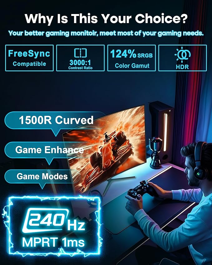 SANSUI 24 Inch Curved 240Hz Gaming Monitor FHD 1080P, 1500R Curve Computer Monitor, 124%sRGB, 3000:1 Contrast Ratio, HDR, FreeSync, MPRT 1Ms, Low Blue Light, HDMI DP ports.(ES-G24C1 PRO DP Cable Incl)