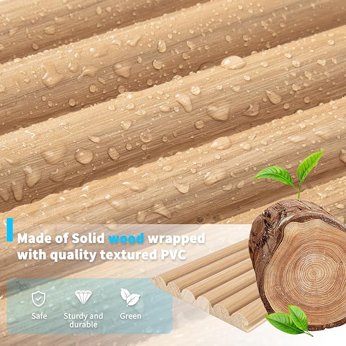 Art3d Fluted Wood Panel for Wall and Ceiling, Beaded Accent Molding for Home Decoration, Pack of 4pcs + 1pc End-Trim, Size 108 x 5.7in.- Beaded Oak