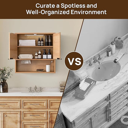 Wall Mounted Bathroom Cabinet with Motion Sensor LED Light & Tissue Dispenser, Modern Oak Medicine Cabinet Over Toilet with Fluted Door, Adjustable Shelf for Skincare & Makeup Storage