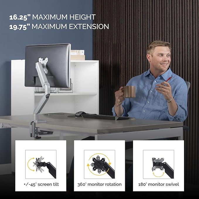 Fellowes Platinum Series Single Monitor Arm for 40-Inch Monitors, Full Motion, 360° Rotation, VESA Mount with Grommet or Clamp, USB Ports, Ergonomic, Silver, 8056401