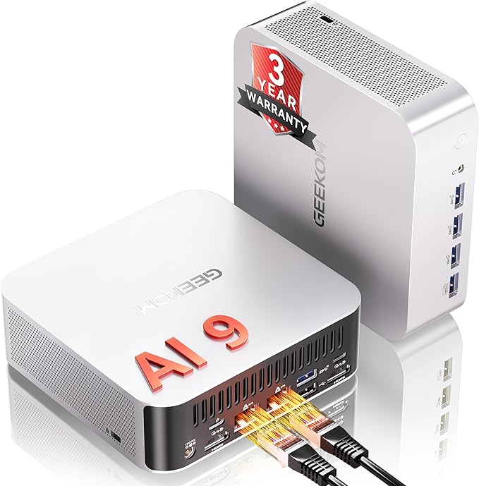 GEEKOM A9 Max AI Mini PC, with AMD Ryzen AI 9 HX 370 (80 Tops), Copilot+ PC, Radeon 890M, 32GB DDR5 (Not LPDDR), 2TB SSD, Win 11 Pro, WiFi 7, BT 5.4, USB4, HDMI 2.1, Dual 2.5GbE, 8K, 3-Year Warranty