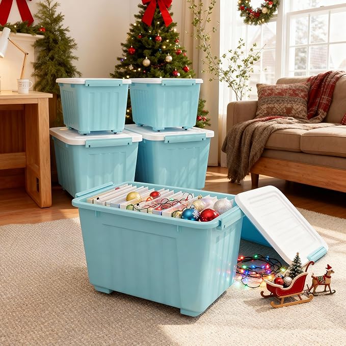 Nazhura 72 Quart Plastic Storage Bin, Stackable and Nestable Storage Boxes with Lids and Secure Latching Buckles, Large Storage Container (Blue, 72Quart-4Pack)
