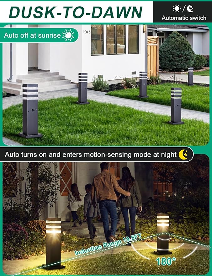 Motion Outdoor Pathway Lights Black E26 Outside Landscape Path Lamp Dusk to Dawn Exterior Floor Light Modern Landscape Sideway Lighting Waterproof Aluminum Exterior Pillar Lamp for Patio Yard Garden