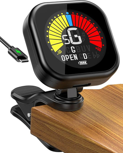New Bee Guitar Tuner Clip-On Rechargeable with Color Screen 360° Rotatable Acoustic Chromatic Open Tuning for Guitar, Bass, Ukulele, Violin, Cello(Black, 1 Pack)