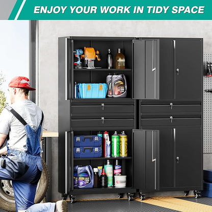 Metal Storage Cabinet with Wheels and Drawers,Rolling Garage Storage Cabinet with Locking Doors and Adjustable Shelves,73" Mobile Tall Large Metal Tool Cabinets with Locks for Home,Office,Garage
