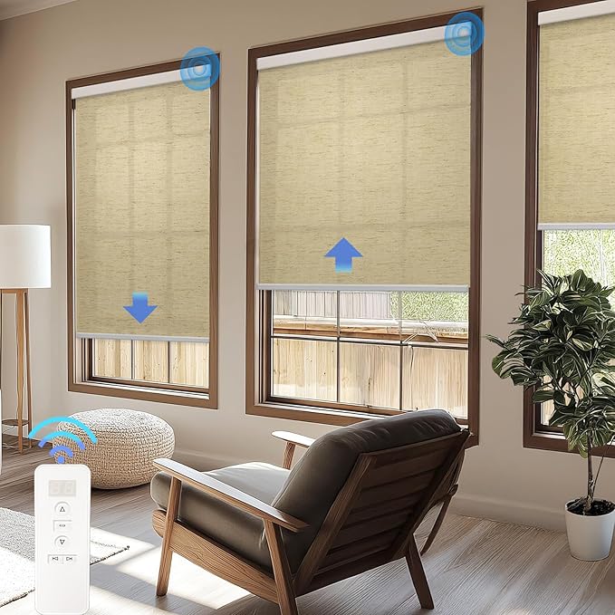 COOLWINDS Motorized Blinds with Remote Cordless Automatic Motorized Shades Custom Blinds for Windows Smart Curtains Compatible with Alexa Google Home(Light Filtering Linen Soft Dunes,W51 x H72in)