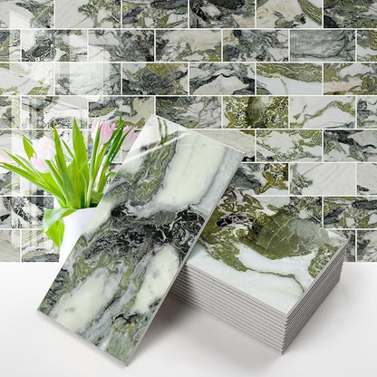 Vamos Tile 100-Piece Glossy Ice Green Peel and Stick Backsplash Tile,3''x6'' PVC Subway Tile with White Grout,Stick on Backsplash for Kitchen/Bathroom/Fireplace