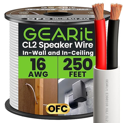 GearIT 16/2 Speaker Wire (250 Feet) 16AWG Gauge - in Wall Audio Speaker Wire Cable / CL2 Rated / 2 Conductors - OFC Oxygen-Free Copper, White 250ft
