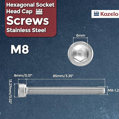 Kozelo 5pcs Socket Head Cap Screws - [M8-1.25 x 85mm] 304 Stainless Steel Allen Socket Drive for Electrical Motor 3D Printing Fan Engine Replacement Use, Silver