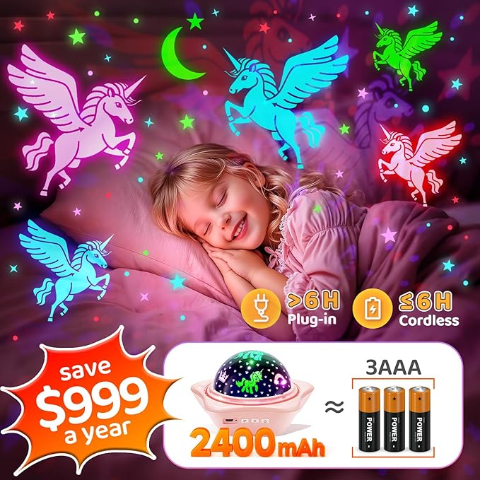 Onefire Girls Toys for Girl Gifts, 6 Films Light Projector Unicorn Toys for Girls Age 4-6, Rechargeable Night Lights for Bedroom, 360° Rotating Butterfly Decor Mermaid Gifts Princess Baby Toddler Toys