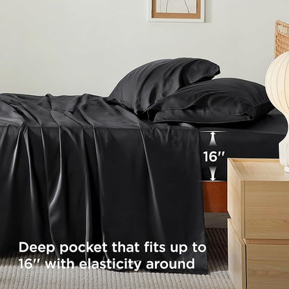 Bedsure Queen Sheets, Rayon Derived from Bamboo, Queen Cooling Sheet Set, Deep Pocket Up to 16", Breathable & Soft Bed Sheets, Hotel Luxury Silky Bedding Sheets & Pillowcases, Black