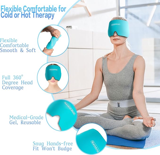 General Medi Headache & Migraine Ice Wrap Cap, Cold Therapy Migraine Relief Hat, Headache Ice Hat Cold Compress, Great for Puffy Eyes, Tension, Sinus & Stress Relief (Blue)