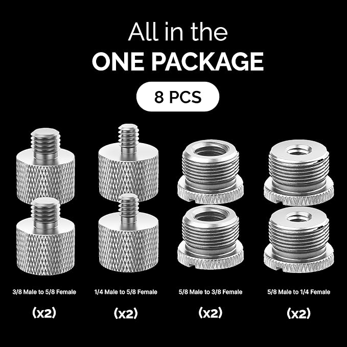 IXTECH Mic Stand Adapter Set - 8 Piece Metal Tripod Adapter Kit - 5/8 Female to 3/8 Male & 1/4 Female to 5/8 Male - ADP02A Silver