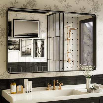 ISKM 48x30 Inch Black Metal Framed Bathroom Mirror for Wall Rectangle Mirror for Vanity Anti-Rust Tempered Glass Decorative (Horizontal/Vertical)