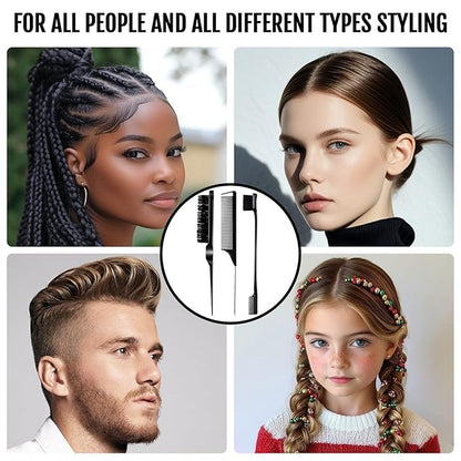 3 Pieces Hair Styling Comb Set Teasing Brush Rat Tail Comb Edge Brush for Edge&Back Brushing, Combing, Slicking Hair for Women (Black)