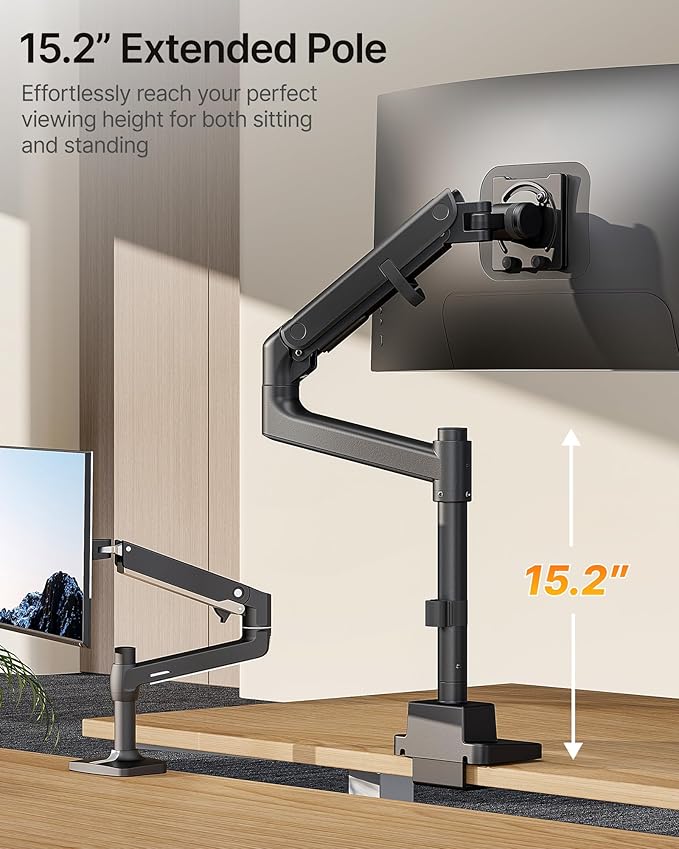 monTEK 17-57 Inch Ultrawide Monitor Arm for Up to 59.4lbs Screens, Aluminum Heavy-Duty Gas Spring Single Curved Screen Adjustable Monitor Stand,75/100mm Vesa Mount, Black