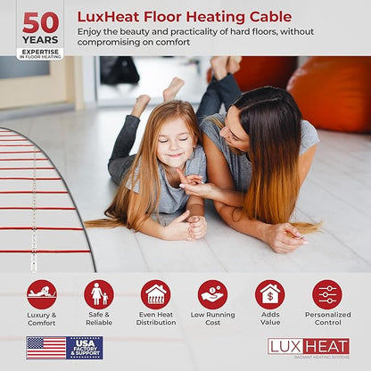 LuxHeat 200sqft Floor Heating Cable Kit - 240v Infloor Heat Kit for Tile - Heated Flooring System Includes UDG4 Programmable Thermostat w/GFCI, Heating Cable, Strapping, Floor Sensor & Alarm