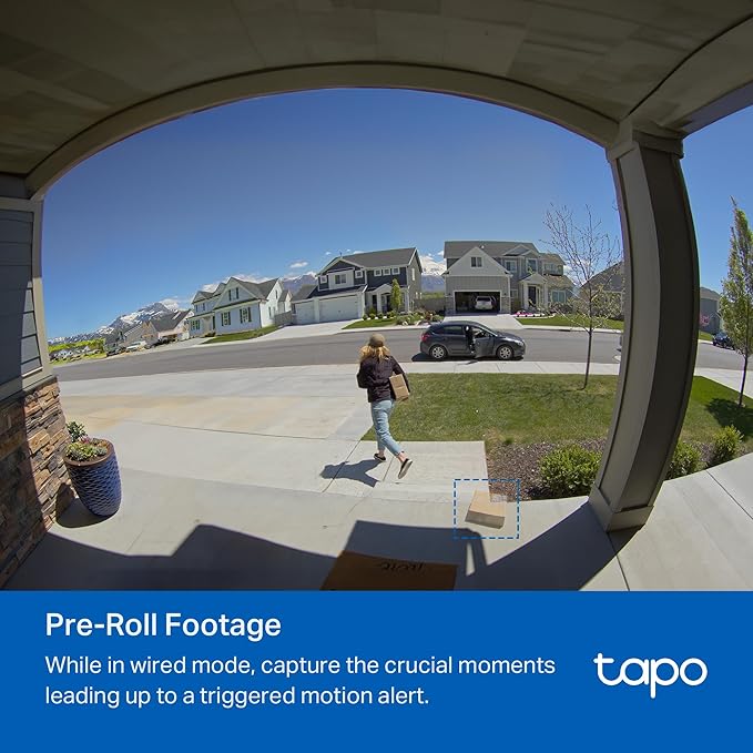 Tapo by TP-Link Smart Video Doorbell Camera with Chime, Battery or Wired, 2K QHD Color Night Vison, No Monthly Fee, 180° Ultra-Wide Head-to-Toe View, Ring Call, Free AI Detection, Local Storage (D225)