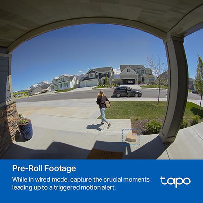 Tapo by TP-Link Smart Video Doorbell Camera with Chime, Battery or Wired, 2K QHD Color Night Vison, No Monthly Fee, 180° Ultra-Wide Head-to-Toe View, Ring Call, Free AI Detection, Local Storage (D225)