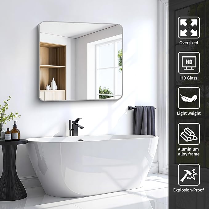 36x40 Inch Silver Bathroom Mirror, Metal Framed Silver Rectangle Mirrors, Rounded Rectangular Vanity Mirror, Wall Mounted Mirrors for Living Room Bedroom Entryway Hangs Horizontal or Vertical