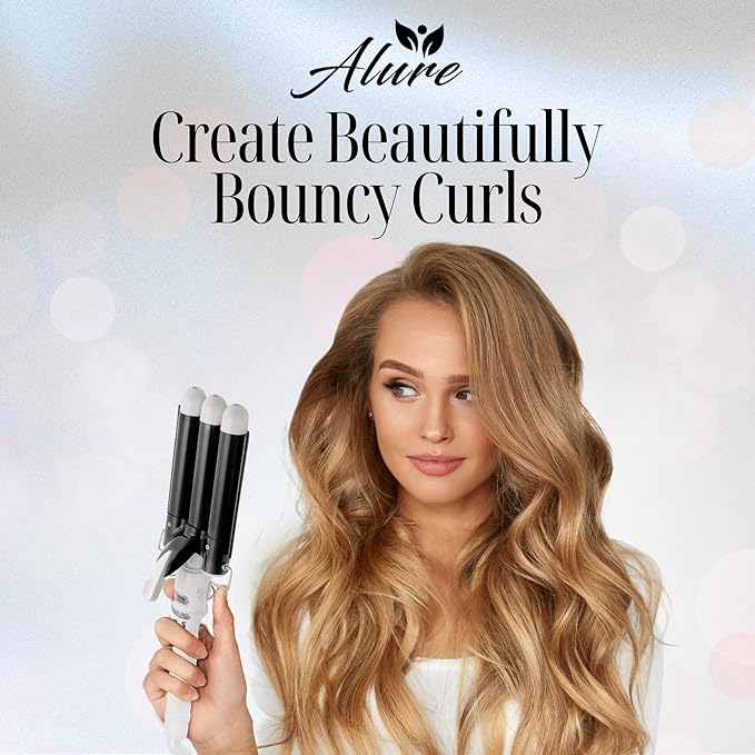 Alure Three Barrel Curling Iron Wand Hair Waver with LCD Temperature Display - 1 Inch Ceramic Tourmaline Triple Barrels, Dual Voltage Crimp (Black/White)