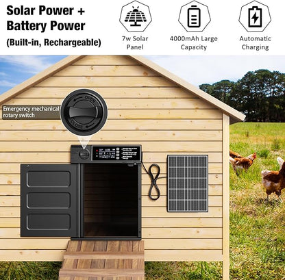 Automatic Chicken Coop Door, Large Size Solar Powered Coop Door with Opening in Emergency, Anti-Pinch, Timer & Light Sensor, Aluminum Waterproof Auto Chicken Door, with 7W Solar Panel