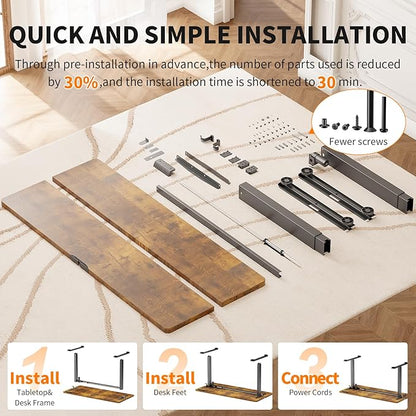 Veken 55 Inch Large Electric Standing Desk, Heights Adjustable, Sit to Stand Up, Work Home Office Computer Table for Study, Walking Pad, Writing, and Games, Wooden Desktop Desks, Brown