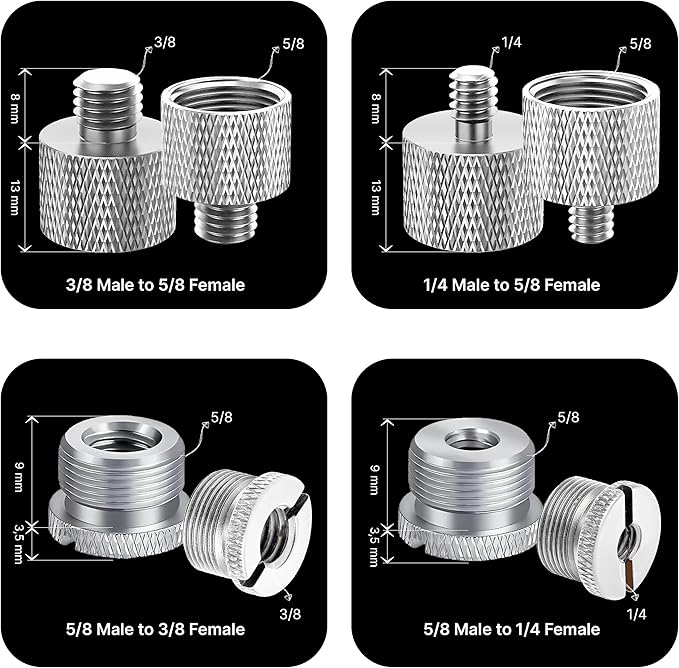 IXTECH Mic Stand Adapter Set - 8 Piece Metal Tripod Adapter Kit - 5/8 Female to 3/8 Male & 1/4 Female to 5/8 Male - ADP02A Silver