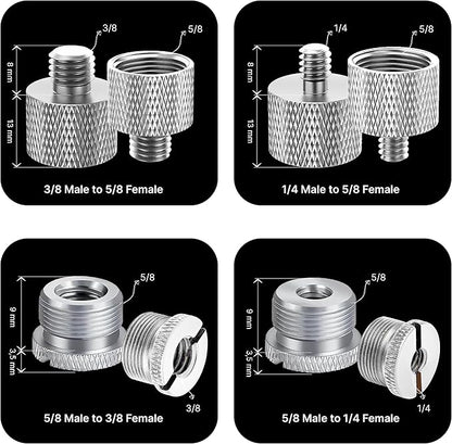 IXTECH Mic Stand Adapter Set - 8 Piece Metal Tripod Adapter Kit - 5/8 Female to 3/8 Male & 1/4 Female to 5/8 Male - ADP02A Silver