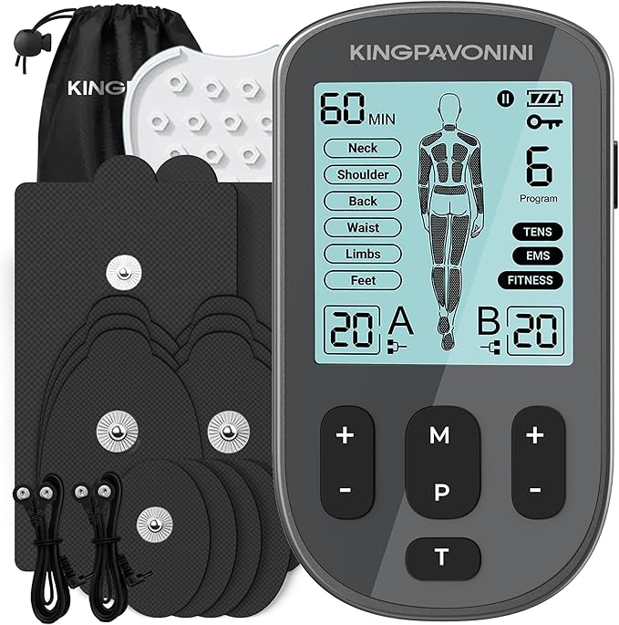 KingPavonini 3-in-1 TENS Unit Muscle Stimulator for Pain Relief Therapy, Dual Channel 36 Modes TENS Machine with 12 Pads, Rechargeable & Portable EMS Muscle Stimulator for Back, Shoulder, Neck