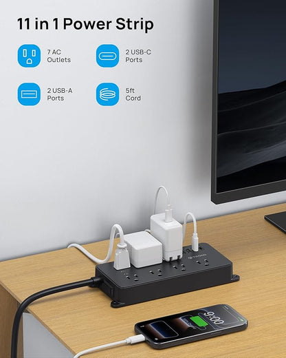 TROND Power Strip Surge Protector, 7 Widely-Spaced Outlets, 2 USB-A & 2 USB-C, ETL Listed, Flat Plug 5ft Extension Cord, Wall Mountable, 1700J, 14AWG Heavy Duty, for Home Office Garage, Black
