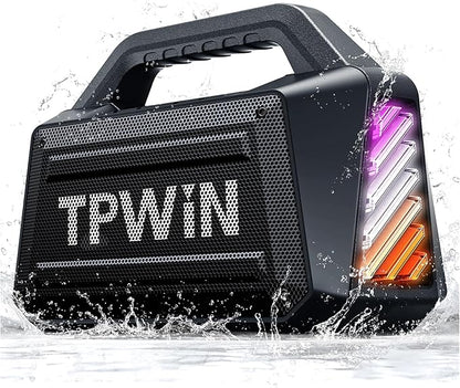 TPWIN Bluetooth Speaker - 80W Loud Rugged Outdoor Speakers, IPX6 Waterproof, 20H Playtime, Deep Bass, Lightshow, TWS, BT 5.3 Wireless, Portable for Travel Hiking Camping Beach Pool - Black