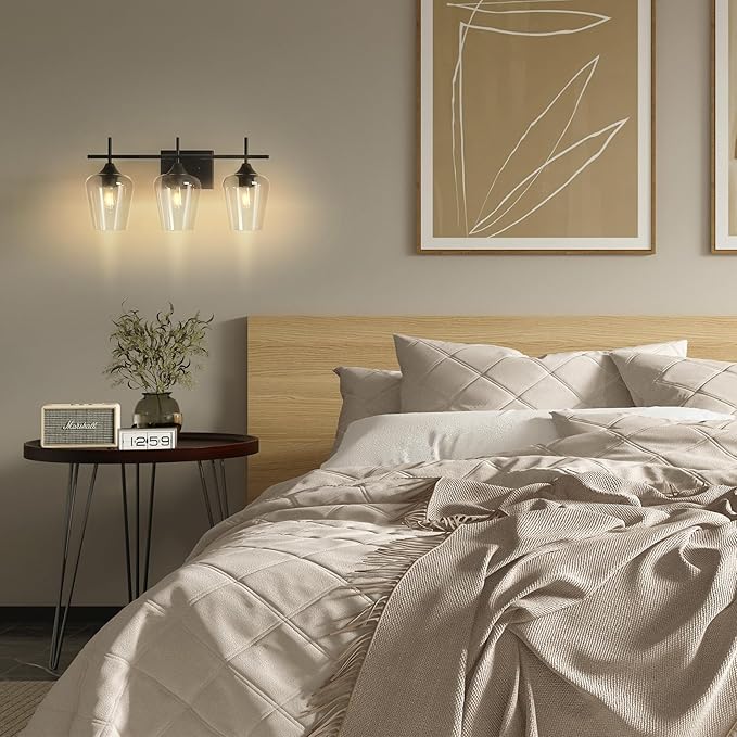 VONLUCE Bathroom Vanity Light, 3 Light Bathroom Light Fixture Over Mirror, Bathroom Wall Lamp with Clear Glass, Modern Black Vanity Lighting fixtures for Bathroom, Bedroom, Hallway