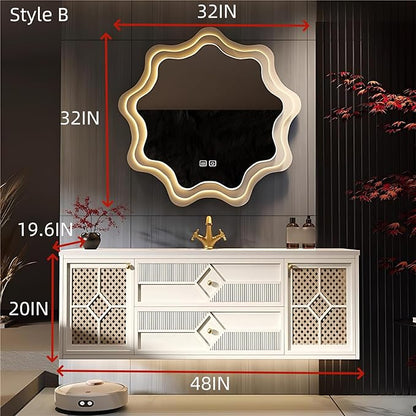 48IN Luxury Floating Bathroom Vanity - Single Sink Bathroom Vanities has Smart Defog Mirror & Slate Countertop | Woven Rattan Perforated Door Panel, LED Lights, 2 Drawers (Style B)