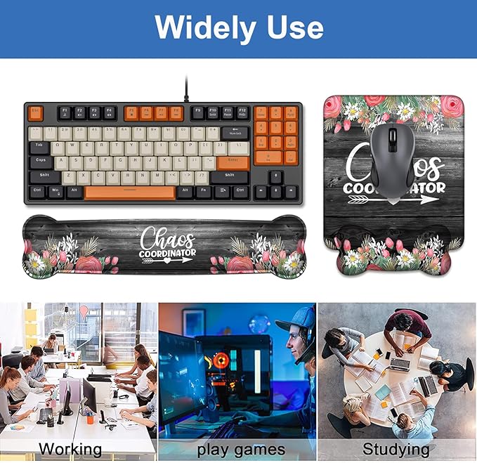 Keyboard Wrist Rest & Mouse Pad Wrist Support Set, Chaos Coordinator Quotes Colored Floral Wreath Print Design Non-Slip Rubber PU Base for Home Office Working Studying Easy Typing & Pain Relief