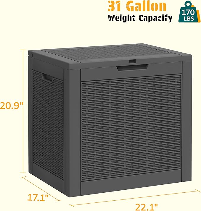 NUNU LAB 31 Gallon Outdoor Storage Box Waterproof, Outside Package Delivery Deck Boxes with Lockable Lid, Backyard Storage Bin For Garden Tools, Patio Cushions Accessories, Black