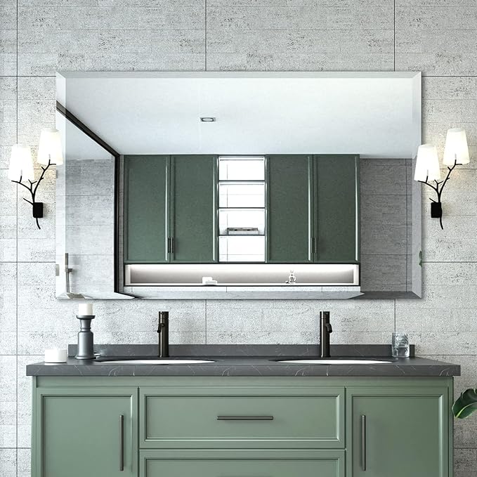 Mirrorons Beveled Mirror, Bathroom Mirrors for Wall 48" x 30", Frameless Rectangle Bathroom Mirror with Beveled Edge, Hangs Horizontally or Vertically