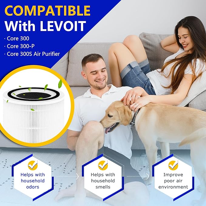 Core 300 Replacement Filter for LEVOIT Core 300S and Core 300-P Air Purifier, 3-in-1 H13 True HEPA Filter Replacement, Compared to Part # Core 300-RF, 2 Pack, White, By Improvedhand